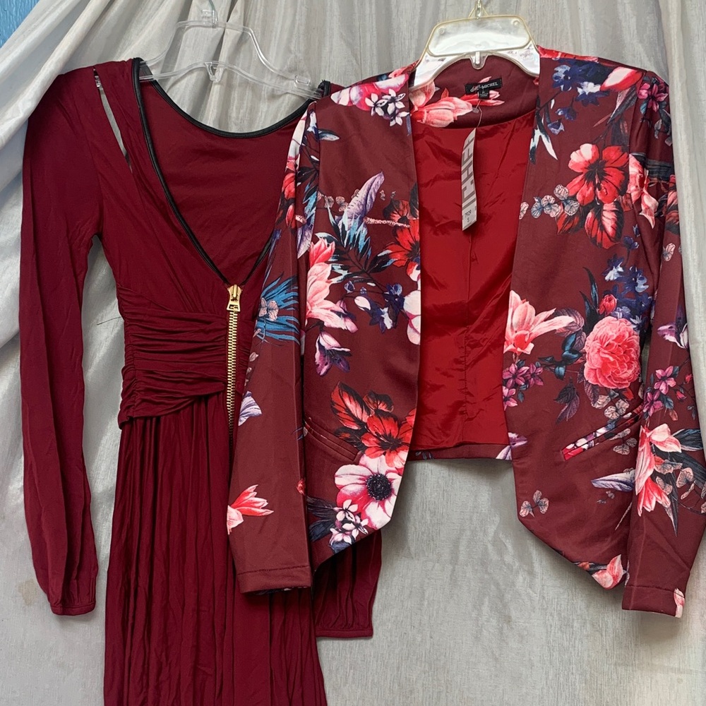Women’s Burgundy Floral Blazer and Burgundy Dress Set